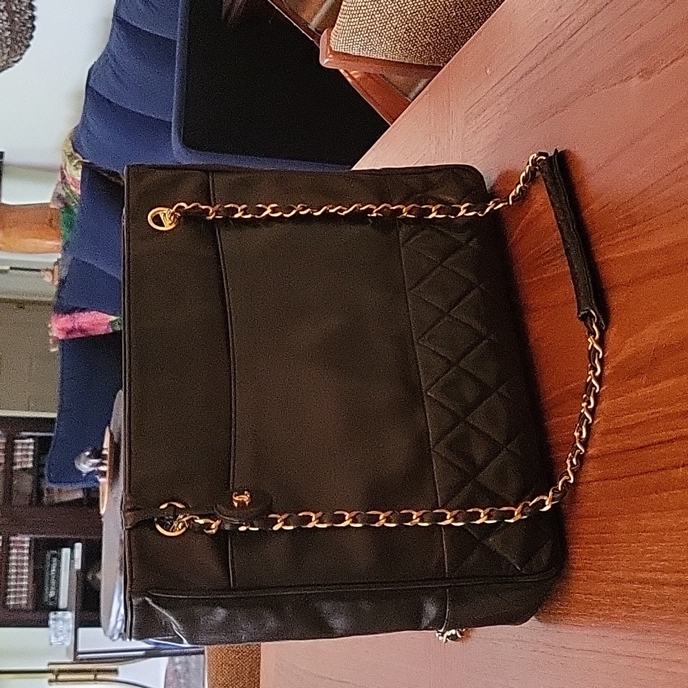 CHANEL Black Quilted Leather  Chain Strap Tote